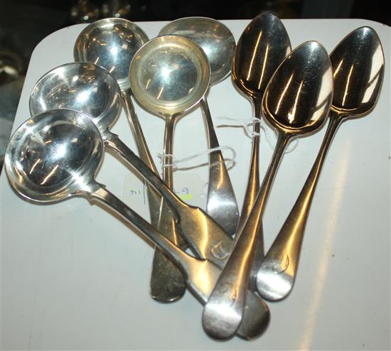 Set 3 George III tablespoons, 2 pairs Victorian silver sauce ladles & a later ladle (8)